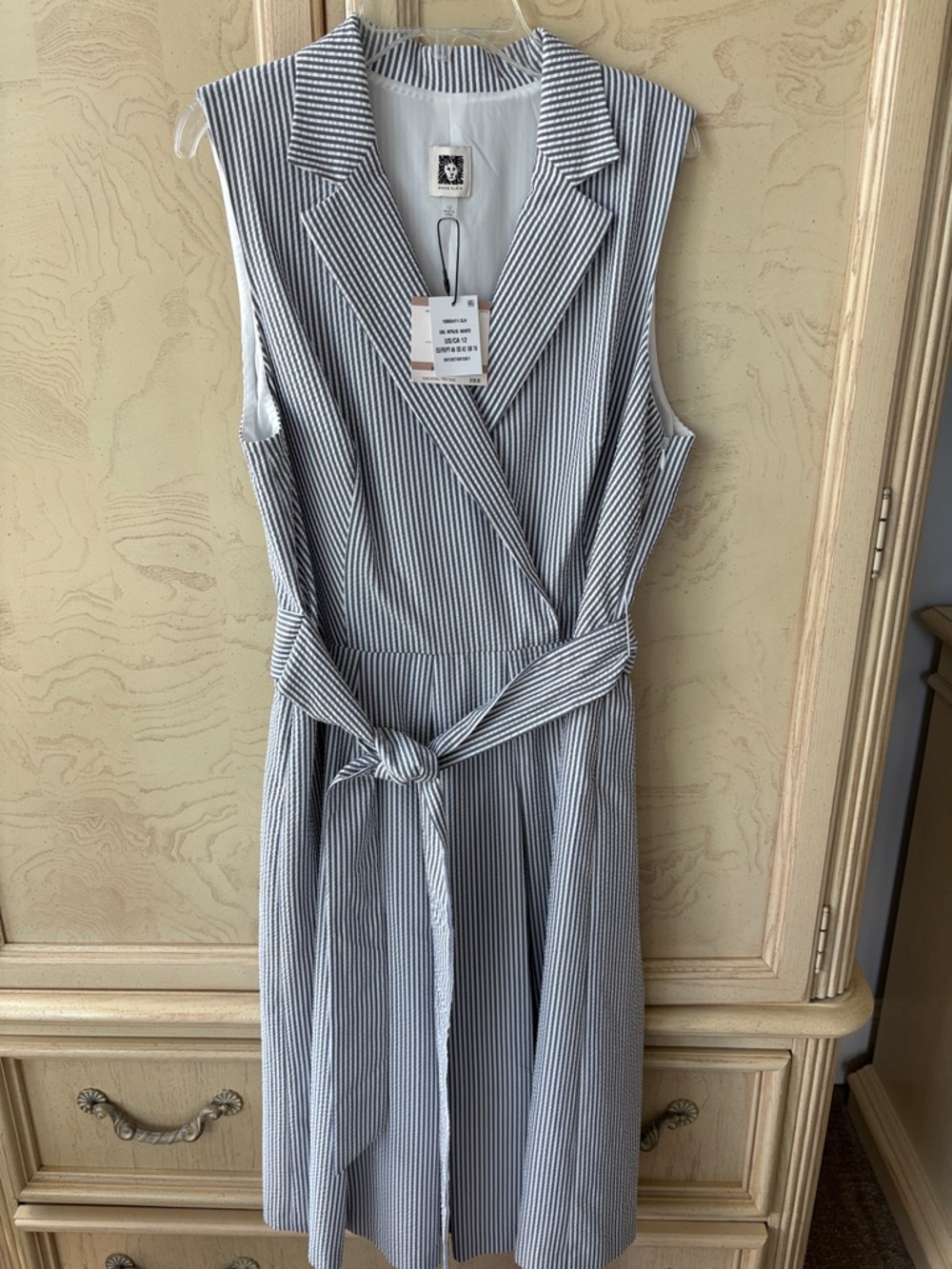 Anne Klein Mtn Blue and White Striped, Pleated Sleeveless Midi Dress with Tie